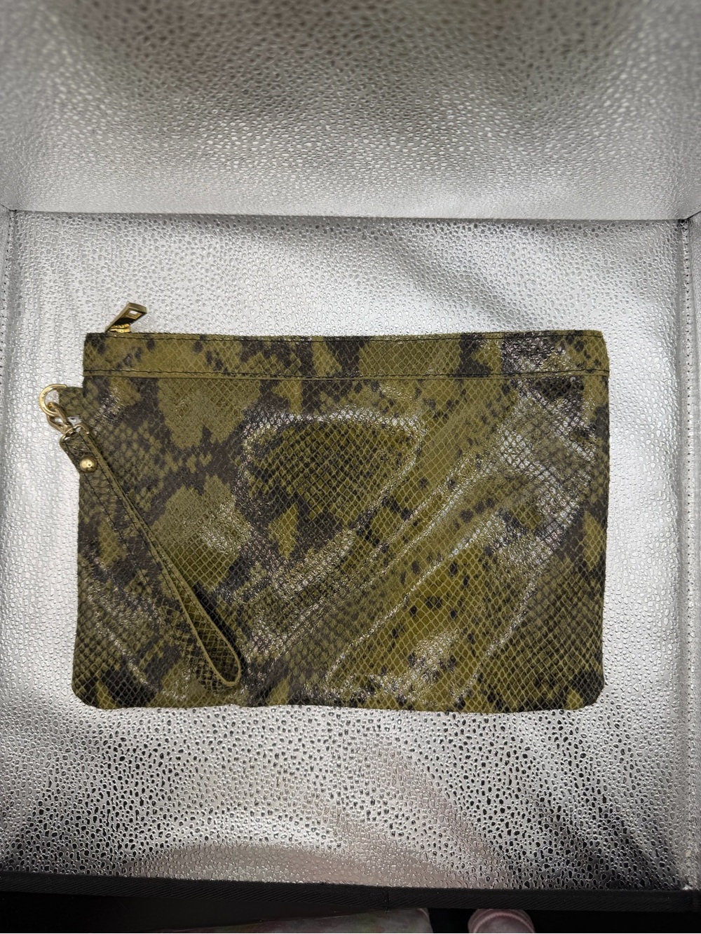 Olive Green Snakeskin-Print Wristlet Clutch